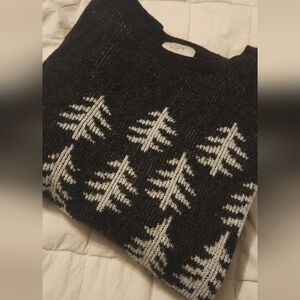 LOFT Charcoal Gray and White Alpine Tree Pattern Sweater
